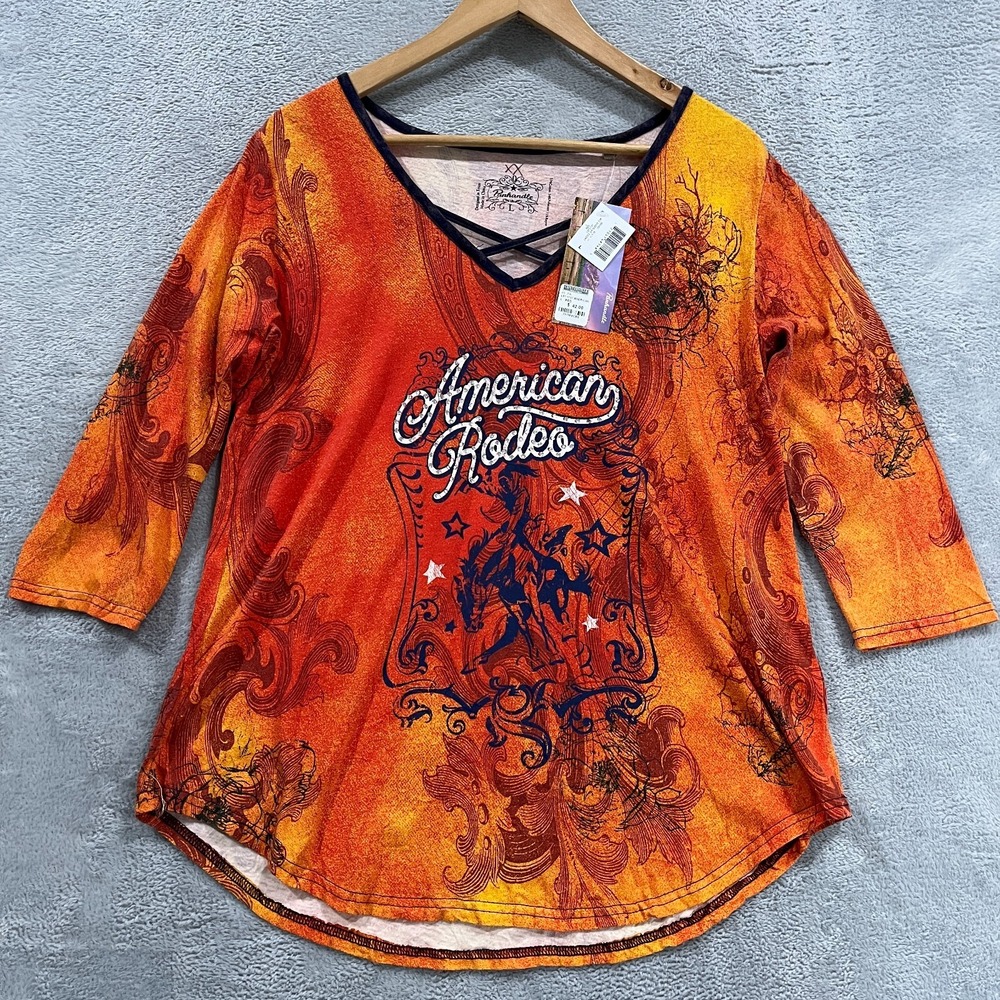 Panhandle Top Women's Large 3/4 Sleeve Graphic T-Shirt‎ Western Rodeo Cowgirl